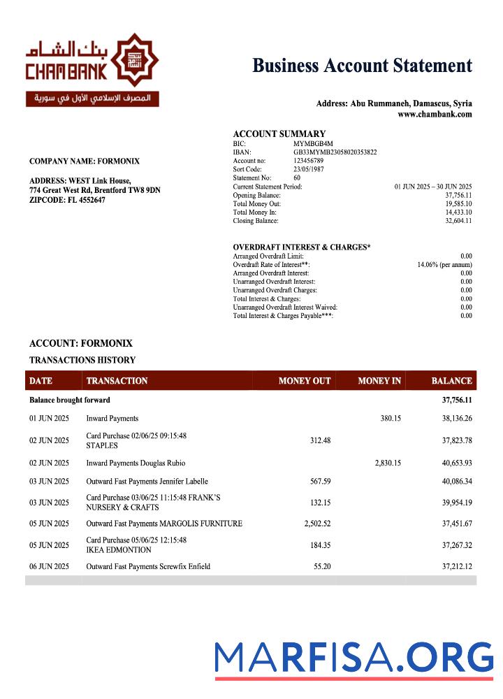 Printable Syrian Cham Bank enterprise account statement Word and PDF template